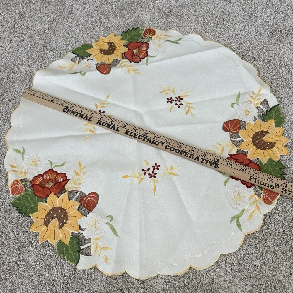 Fall Themed Tablecloth Round Scalloped Edges Satin Embroidered Sunflowers 23